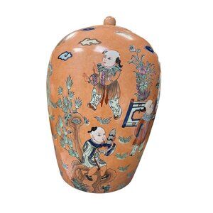 Vintage Chinese Large Peach Porcelin lidded boys play Macau Chinoserie SKU 9736